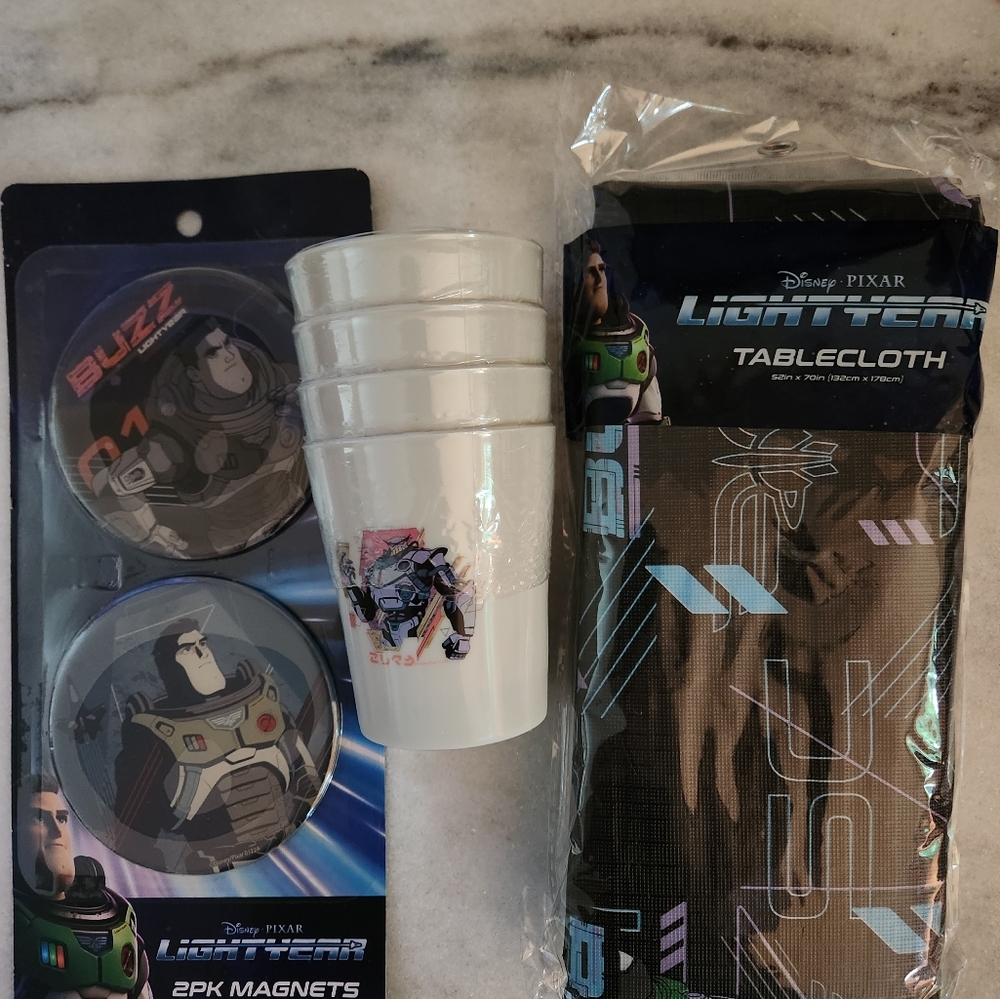 Disney Pixar Lightyear Tablecloth, Plastic Cups, Magnets package